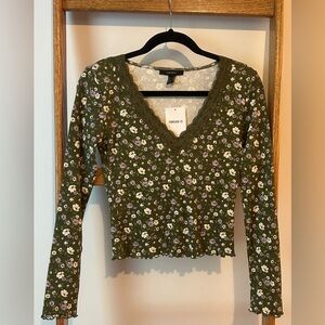 Brand New Olive Green Floral Long Sleeve Shirt With Lace